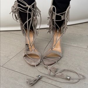 SCHUTZ Gray Fringe Heeled Sandals